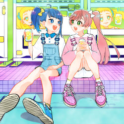 Rule 34 | 2girls, alternate costume, ankle socks, blue eyes, blue footwear, blue hair, blue overalls, bright pupils, can, casual, collared shirt, cut bangs, drink can, green eyes, hair ribbon, hair up, hirogaru sky! precure, holding, holding can, kasugano urara (yes! precure 5), long hair, long sleeves, looking at another, medium hair, multiple girls, nijigaoka mashiro, open mouth, overall shorts, overalls, pink footwear, pink shirt, precure, ribbon, shirt, shoes, short sleeves, side ponytail, single sidelock, sitting, smile, sneakers, socks, soda can, sora harewataru, ton (ton39342104), vending machine, white overalls, white pupils, white ribbon, white socks, yellow ribbon, yes! precure 5