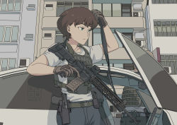 Rule 34 | 1boy, 1girl, air conditioner, assault rifle, belt, brown hair, building, bulletproof vest, car, closed mouth, collarbone, commentary request, dated, etmc1992, glock, gloves, green eyes, grey pants, gun, handgun, highres, holding, holding gun, holding weapon, holster, holstered, motor vehicle, original, outdoors, pants, police, police uniform, policeman, policewoman, rifle, shirt, short hair, short sleeves, solo focus, tactical clothes, uniform, utility belt, weapon, weapon request, white shirt