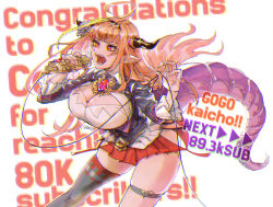 Rule 34 | 1girl, agunyak, ahoge, asymmetrical legwear, black bow, black hairband, black jacket, black thighhighs, blonde hair, blouse, blunt bangs, blush, bow, bowtie, braid, breasts, bright pupils, brooch, cable, celebration, chain, chain necklace, checkered clothes, checkered legwear, claw pose, cleavage, cleavage cutout, clothing cutout, collared shirt, commentary request, diagonal-striped bow, dragon girl, dragon horns, dragon tail, dragon wings, english text, eyes visible through hair, fangs, fingernails, gradient eyes, hair ornament, hairband, hip vent, holding, holding microphone, hololive, horn bow, horn ornament, horns, jacket, jewelry, kiryu coco, kiryu coco (1st costume), large breasts, long hair, looking away, microphone, miniskirt, multicolored bow, multicolored eyes, multicolored hair, necklace, open mouth, orange hair, pleated skirt, pointy ears, purple eyes, red eyes, red skirt, scales, shirt, side-tie skirt, side braid, simple background, single braid, single thighhigh, skirt, solo, streaked hair, striped, tail, thick thighs, thigh strap, thighhighs, thighs, uneven legwear, virtual youtuber, white bow, white shirt, wings, zettai ryouiki