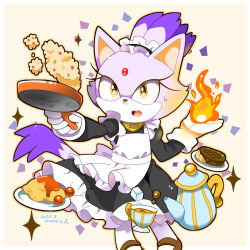 Rule 34 | 1girl, animal ears, apron, blaze the cat, cat ears, cat girl, cat tail, cooking, cup, fire, forehead jewel, frying pan, furry, furry female, gloves, gold necklace, highres, holding, holding frying pan, jewelry, kusunoki cherry, maid, necklace, ponytail, purple fur, sonic (series), sugar cube, tail, teacup, teapot, white apron, white gloves, yellow eyes
