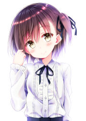 Rule 34 | 1girl, black ribbon, blush, brown eyes, brown hair, commentary request, hair between eyes, head tilt, long sleeves, looking at viewer, neck ribbon, original, ribbon, side ponytail, simple background, smile, solo, upper body, white background, yodosu915