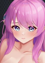 Rule 34 | 1girl, 3:, absurdres, blue eyes, blush, bocchi the rock!, breasts, chain-link fence, cleavage, commentary request, fence, gotoh hitori, highres, jisas, long hair, looking at viewer, medium breasts, nude, pink hair, solo, upper body