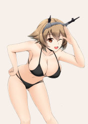 Rule 34 | 10s, 1girl, ;d, bikini, black bikini, breasts, brown eyes, brown hair, cleavage, collarbone, fuuma nagi, grey background, hair between eyes, hand on own hip, headgear, kantai collection, large breasts, leaning forward, looking at viewer, multi-strapped bikini bottom, mutsu (kancolle), navel, one eye closed, open mouth, salute, short hair, simple background, smile, solo, standing, swimsuit
