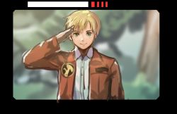 Rule 34 | 1boy, bad id, bad pixiv id, bernard wiseman, blonde hair, commentary request, forest, green eyes, gundam, gundam 0080, jacket, long sleeves, looking at viewer, male focus, nature, recording, salute, short hair, smile, solo, starry babe, tree, tsujitani kouji, voice actor connection