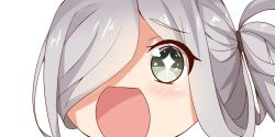 Rule 34 | + +, 10s, 1girl, asashimo (kancolle), close-up, grey eyes, hair over one eye, kantai collection, long hair, looking at viewer, nahaki, no nose, open mouth, ponytail, portrait, silver hair, simple background, sin-poi, solo, sparkling eyes, symbol-shaped pupils, white background