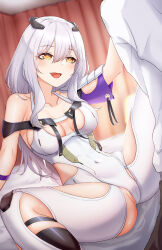 Rule 34 | 1girl, absurdres, arm support, back, bare shoulders, breasts, cleavage, clothing cutout, collarbone, covered navel, goddess of victory: nikke, grey hair, hair between eyes, highres, hip vent, kamikili, leg cutout, leotard, light blush, long hair, medium breasts, open mouth, scarlet (nikke), sidelocks, sitting, smile, solo, white leotard, yellow eyes