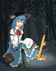 Rule 34 | 1girl, arms behind back, bdsm, blouse, blue hair, bondage, bound, fire, food, forest, fruit, gag, gagged, grey background, hat, hinanawi tenshi, improvised gag, leaf, log, long hair, looking away, nature, no shoes, okomedaisuki5, outdoors, pantyhose, peach, planted, planted sword, planted weapon, red eyes, ribbon, shirt, short sleeves, sitting, sitting on object, skirt, solo, spread legs, sweatdrop, sword, sword of hisou, tape, tape gag, touhou, very long hair, weapon