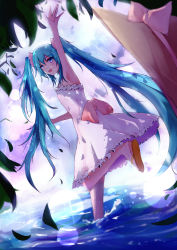 Rule 34 | 1girl, armpits, arms up, blue eyes, blue hair, dress, hat, hatsune miku, highres, long hair, matching hair/eyes, open mouth, qingye ling, solo, splashing, twintails, vocaloid, wading, water, white dress