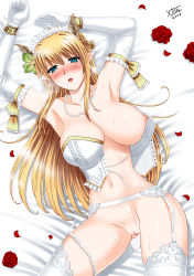 Rule 34 | 1girl, arms up, blonde hair, blue eyes, blush, breast slip, breasts, elbow gloves, female focus, flower, garter belt, gloves, highres, jewelry, large breasts, long hair, looking at viewer, lots of jewelry, lying, maid headdress, navel, nipples, nude, on back, one breast out, open mouth, original, pointy ears, pussy, rose, solo, sweat, thighhighs, uncensored, xter