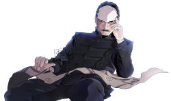 Rule 34 | 1boy, beard, black eyes, black hair, black jacket, black pants, closed mouth, collar, collared jacket, facial hair, fingernails, goatee, golden kamuy, headwear request, highres, imperial japanese army, jacket, long sleeves, looking at viewer, male focus, map, military, military uniform, mustache, pants, scar, scar on face, short hair, signature, simple background, sitting, smile, solo, tsurumi tokushirou, uniform, white background, yoshimi