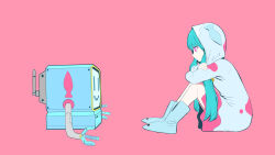 Rule 34 | 1girl, absurdres, alternate costume, aqua hair, blue footwear, closed mouth, dress, from side, full body, hatsune miku, highres, hood, hooded dress, multicolored clothes, multicolored dress, pink eyes, pinocchio-p, purple background, shoes, simple background, vocaloid, yozurina (vocaloid)