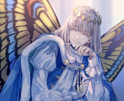 Rule 34 | 1boy, blue cape, butterfly wings, cape, closed eyes, closed mouth, diamond hairband, fairy, fate/grand order, fate (series), fur-trimmed cape, fur trim, hand up, insect wings, medium hair, oberon (fate), shichimi (ftlvampire32), silver hair, smile, solo, upper body, wings