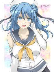 Rule 34 | 1girl, artist name, blue eyes, blue hair, blue sailor collar, blush, breasts, collarbone, dated, double bun, elbow gloves, gakky, gloves, gradient background, grey skirt, hair between eyes, hair bun, hand in own hair, hat, kantai collection, large breasts, looking at viewer, multicolored background, neckerchief, open mouth, sailor collar, sailor hat, school uniform, serafuku, shirt, skirt, sleeves rolled up, smile, solo, upper body, urakaze (kancolle), white gloves, white hat, white shirt, yellow neckerchief