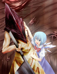 Rule 34 | 1boy, 1girl, blue eyes, blue hair, cirno, crossover, eruruxu, great knife, pyramid head, silent hill, silent hill (movie), silent hill (series), silent hill 2, touhou, weapon, wings