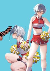 Rule 34 | 2boys, absurdres, alternate costume, bar censor, black panties, blue background, blush, bulge, censored, cheerleader, collared shirt, commentary request, cropped shirt, erection, erection under clothes, feet out of frame, grey hair, hair between eyes, hair intakes, hand on own hip, highres, holding, idolmaster, idolmaster side-m, kizaki ren, large penis, long hair, male focus, midriff, miniskirt, multiple boys, multiple views, navel, omiyacha, panties, penis, penis awe, pom pom (cheerleading), ponytail, red shirt, red skirt, shadow, shirt, sidelocks, simple background, skirt, sleeveless, sleeveless shirt, socks, sound effects, squatting, sweatdrop, thighs, trap, two-tone shirt, two-tone skirt, underwear, white shirt, white skirt, white socks, yaoi, yellow eyes