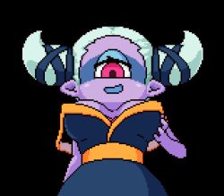 Rule 34 | 1girl, akai (ugokashitari), animated, animated gif, blinking, bouncing breasts, breasts, colored skin, cyclops, from below, fuumin (youkai watch), large breasts, looking at viewer, monster girl, one-eyed, pink eyes, pixel art, pointy ears, purple skin, solo, transparent background, traditional youkai, youkai watch