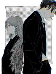 Rule 34 | 2boys, angel devil (chainsaw man), back-to-back, black hair, black jacket, chainsaw man, cigarette, earrings, formal, grey hair, greyscale, halftone, halo, hands in pockets, hayakawa aki, height difference, hunched over, jacket, jewelry, looking at viewer, looking down, monochrome, multiple boys, okarie, short hair, sideways glance, smoke, smoking, spot color, stud earrings, suit, topknot, white background, wings