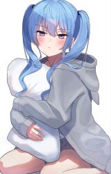 Rule 34 | 1girl, alternate costume, alternate hairstyle, blue eyes, blue hair, blush, closed mouth, commentary, feet out of frame, grey hoodie, grey shorts, highres, holding, holding pillow, hololive, hood, hood down, hoodie, hoshimachi suisei, hugging object, light blue hair, long hair, looking at viewer, loungewear, pillow, pillow hug, pout, short shorts, shorts, shumpi, simple background, sitting, solo, star (symbol), star in eye, symbol in eye, twintails, virtual youtuber, wariza, white background