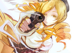Rule 34 | 10s, 1girl, aiming, aiming at viewer, beret, blonde hair, breasts, corset, drill hair, gun, hair ornament, handgun, hat, head tilt, holding, holding gun, holding weapon, large breasts, magical girl, mahou shoujo madoka magica, mahou shoujo madoka magica (anime), pistol, pleated skirt, skirt, smile, smoke, solo, tato, tomoe mami, weapon, yellow eyes