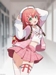 Rule 34 | 1girl, absurdres, ahoge, arms up, backpack, bag, bag charm, bandaid, bandaid hair ornament, bandaid on leg, bandaid on thigh, beret, blurry, blurry background, cat hair ornament, charm (object), commentary, dot nose, green eyes, hair ornament, hat, highres, hololive, indoors, jacket, kurot, letterman jacket, light blush, long sleeves, looking at viewer, medium hair, midriff peek, miniskirt, neck ribbon, official alternate costume, open mouth, pink hair, pink jacket, pink skirt, plaid, plaid skirt, pleated skirt, red bag, red ribbon, ribbon, sailor collar, sakura miko, sakura miko (school uniform), school uniform, shirt, skirt, smile, solo, teeth, thigh strap, thighhighs, twitter username, upper teeth only, virtual youtuber, white hat, white sailor collar, white shirt, white sleeves, white thighhighs