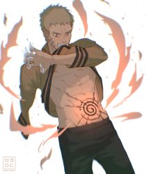 Rule 34 | 1boy, abs, behindxa, black pants, blonde hair, boruto: naruto next generations, clenched teeth, clothes in mouth, clothes lift, commentary request, energy, facial mark, highres, korean commentary, male focus, mouth hold, naruto (series), nipples, pants, shirt, shirt in mouth, shirt lift, solo, standing, sweat, teeth, uzumaki naruto, whisker markings