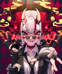 Rule 34 | 1girl, ark evil02, bell, black choker, black gloves, black jacket, black necktie, choker, collared shirt, fang, fingerless gloves, formal, glasses, gloves, gun, handgun, highres, holding, holding gun, holding weapon, hololive, horns, jacket, jingle bell, long hair, looking at viewer, loose necktie, mask, multicolored hair, nakiri ayame, nakiri ayame (streetwear), necktie, oni mask, open clothes, open jacket, outstretched arm, pistol, red eyes, red hair, sheath, sheathed, shirt, skin-covered horns, smile, solo, streaked hair, suit, sword, upper body, virtual youtuber, weapon, white hair, white shirt