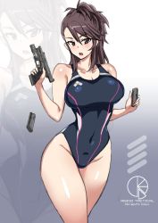 Rule 34 | 1girl, amaretto (girls und panzer), asymmetrical bangs, black one-piece swimsuit, breasts, brown eyes, brown hair, commentary, competition swimsuit, covered navel, cowboy shot, english text, girls und panzer, glock, gradient background, grey background, gun, half updo, handgun, highres, holding, holding gun, holding magazine (weapon), holding weapon, large breasts, long hair, looking at viewer, magazine (weapon), mordeth, one-piece swimsuit, open mouth, revision, shell casing, solo, standing, swimsuit, trigger discipline, weapon, zoom layer