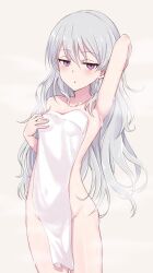 Rule 34 | 1girl, arm up, armpits, breasts, darker than black, grey hair, hair between eyes, highres, light blush, long hair, looking at viewer, naked towel, nonono (mino), open mouth, purple eyes, simple background, small breasts, solo, standing, towel, wet, white background, yin (darker than black)