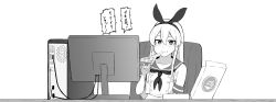 Rule 34 | 1girl, absurdres, at computer, brand name imitation, chair, computer, crop top, eating, elbow gloves, food, gloves, greyscale, hair between eyes, hairband, highres, kantai collection, long hair, manatsu no yo no inmu, midriff, monitor, monochrome, navel, office chair, pizza, pizza box, pizza hut, pizza slice, pleated skirt, sailor collar, shimakaze (kancolle), simple background, sitting, skirt, solo, striped clothes, striped thighhighs, swivel chair, table, takaman (gaffe), thighhighs, translation request, white background
