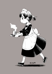 Rule 34 | 1girl, :o, alternate costume, apron, cup, dress, enmaided, from side, grey background, greyscale, hair ribbon, harukaze unipo, hiburi (kancolle), holding, holding tray, kantai collection, maid, maid day, maid headdress, monochrome, open mouth, ponytail, profile, ribbon, short ponytail, simple background, solo, steam, tray, twitter username, walking, yunomi