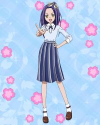 Rule 34 | 1girl, blue skirt, brown footwear, collared shirt, full body, hand on own hip, highres, kurokawa eren, long hair, official art, one side up, open mouth, pointing, precure, precure connection puzzlun, purple hair, shirt, skirt, smile, socks, solo, suite precure, third-party source, white socks, yellow eyes
