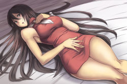 Rule 34 | 1girl, bare legs, bare shoulders, bed sheet, breasts, brown eyes, brown hair, dress, guilty gear, hand on own chest, hand on own stomach, impossible clothes, large breasts, lipstick, long hair, looking to the side, lying, makeup, miniskirt, mitsumachi senji, necktie, on back, parted lips, sharon (guilty gear), side slit, skirt, solo, tight dress, turtleneck, very long hair
