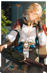 Rule 34 | 1boy, blonde hair, closed mouth, earrings, feather hair ornament, feathers, genshin impact, gold, hair between eyes, hair ornament, hand on own face, hands up, highres, jewelry, kaveh (genshin impact), looking at viewer, male focus, outside border, red eyes, short hair, sitting, smile, solo, srro yo