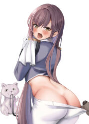 Rule 34 | 1girl, absurdres, ass, belt, black belt, black jacket, blush, brown eyes, brown hair, cat, clothes pull, commentary request, cowboy shot, crop top, cropped jacket, dog, epaulettes, gloves, goddess of victory: nikke, hair between eyes, hands up, highres, jacket, legendary beam, long hair, marciana (nikke), military jacket, military uniform, open mouth, pants, pants pull, pulling another&#039;s clothes, sidelocks, simple background, standing, thumbs up, tight clothes, tight pants, uniform, unworn belt, very long hair, white background, white gloves, white pants
