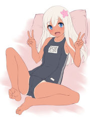 Rule 34 | 1girl, barefoot, black one-piece swimsuit, blue eyes, blush, bosshi, breasts, cameltoe, double v, feet, flower, hair flower, hair ornament, kantai collection, long hair, looking at viewer, lying, name tag, on back, one-piece swimsuit, open mouth, pillow, pink flower, ro-500 (kancolle), simple background, small breasts, solo, swimsuit, tan, tanline, toe scrunch, unfinished, v, white hair
