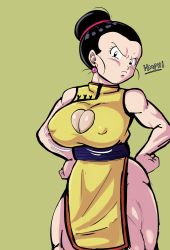 Rule 34 | 1girl, angry, black eyes, black hair, bouncing breasts, breasts, chi-chi (dragon ball), china dress, chinese clothes, cleavage, cleavage cutout, clothing cutout, covered erect nipples, dragon ball, dragonball z, dress, earrings, female focus, groin, hair bun, hands on own hips, highres, jewelry, large breasts, legs, looking at viewer, matching hair/eyes, mature female, motion lines, pelvic curtain, pseudocel, simple background, single hair bun, sleeveless, solo, sound effects, standing, stud earrings, thighs, yellow background