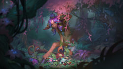 Rule 34 | 1girl, breasts, centaur, forest, frog, highres, league of legends, lillia (league of legends), lips, nature, pointy ears, purple hair, reindeer girl, staff, stuffed toy, tail, taur