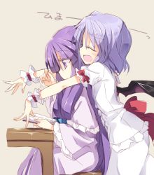 Rule 34 | 2girls, book, bow, closed eyes, grey background, hug, hug from behind, light purple hair, long hair, multiple girls, open book, open mouth, patchouli knowledge, purple eyes, purple hair, reading, remilia scarlet, satou kibi, simple background, table, touhou, wings, wrist cuffs