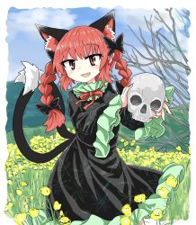Rule 34 | 1girl, animal ears, black bow, black dress, black ribbon, bow, braid, cat ears, chups, dress, extra ears, fang, flower, frilled dress, frills, green frills, hair bow, highres, kaenbyou rin, long sleeves, looking at viewer, multiple tails, nail polish, outdoors, red eyes, red hair, red nails, red neckwear, ribbon, skull, tail, touhou, twintails, two tails, yellow flower