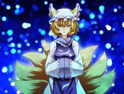 Rule 34 | 1girl, animal ears, animal hat, blonde hair, breasts, dress, female focus, fireflies, fox ears, fox tail, hands in opposite sleeves, hat, large breasts, looking at viewer, mob cap, multiple tails, mob cap, short hair, solo, standing, tabard, tachi-e, tail, touhou, white dress, yagami (mukage), yakumo ran, yellow eyes
