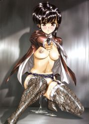 Rule 34 | 1girl, aftersex, aiming, aiming at viewer, black hair, blouse, blush, breasts, brown eyes, censored, crying, crying with eyes open, cum, cum in pussy, cum on body, cum on lower body, cumdrip, female pubic hair, garter belt, gun, high heels, highres, jacket, large breasts, navel, necktie, nipples, no bra, no panties, open clothes, open shirt, pointless censoring, pubic hair, pussy, rape, serious, shirt, shoes, short hair, sitting, solo, tears, thighhighs, urushihara satoshi, weapon