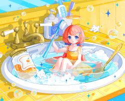 Rule 34 | 1girl, :o, ahoge, angel, angel wings, bath, bear, blue bow, blue eyes, bottle, bow, bubble, bubble bath, chibi, child, collarbone, dress, flower, hair between eyes, hair bow, hair flower, hair ornament, hairclip, halo, hand on own thigh, high-waist skirt, highres, holding, holding toothbrush, jam, jar, long hair, looking at viewer, low twintails, mini person, minigirl, orange hair, original, pleated skirt, sidelocks, sink, sitting, sitting on water, skirt, sparks, spoon, toothbrush, toothpaste, twintails, very long hair, water drop, wings, yellow dress, yellow halo, yutukicom