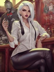 Rule 34 | 1girl, alcohol, arm rest, arm tattoo, artist name, ashe (overwatch), asymmetrical hair, bar (place), black neckwear, black pants, bob (overwatch), bow, bowler hat, bowtie, breasts, clothed robot, cup, drink, drinking glass, earrings, eyeshadow, facial hair, glass, hat, highres, jewelry, lipstick, looking to the side, loose necktie, makeup, mini hat, mole, mole above mouth, mustache, necktie, omnic, open collar, overwatch, overwatch 1, pants, parted lips, red eyes, red neckwear, revision, robot, saloon, sciamano240, sitting, skull earrings, smoke, stool, stud earrings, tattoo, traditional bowtie, undone necktie, waistcoat, white hair, wine glass