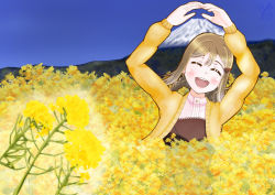 Rule 34 | 1girl, absurdres, artist name, artist request, blue sky, blush, breasts, brown eyes, brown hair, cloud, day, dress, closed eyes, female focus, field, flower, flower field, frilled dress, frills, hair between eyes, hair ornament, hairclip, hands over head, highres, kunikida hanamaru, light brown hair, long hair, looking at viewer, love live!, love live! sunshine!!, matching hair/eyes, mountain, outdoors, parted lips, shirt, sky, smile, solo, sweater, upper body, white shirt, yellow eyes, yellow sweater