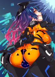 Rule 34 | 1girl, :p, artist request, ass, blue hair, bodysuit, breasts, bulge, from behind, from below, gradient hair, highres, large breasts, multicolored hair, newhalf, phantasy star, phantasy star online 2, quna (pso2), solo, tongue, tongue out, zelsius