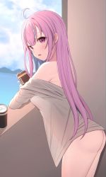 Rule 34 | 1girl, absurdres, ahoge, ass, bare shoulders, blue hair, blush, borrowed clothes, bottomless, can, canned coffee, commentary request, day, drink can, fang, highres, holding, holding can, hololive, long hair, minato aqua, multicolored hair, naked shirt, off shoulder, parted lips, pink hair, red eyes, see-through silhouette, shirt, solo, starfox1015, streaked hair, two-tone hair, very long hair, virtual youtuber, white shirt