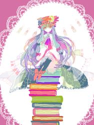 Rule 34 | 1girl, book, book stack, colorful, crescent, crescent moon, female focus, green eyes, hat, long hair, moon, oekaki, pantyhose, patchouli knowledge, purple hair, sitting, sitting on object, solo, tegaki, touhou