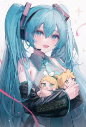 Rule 34 | 1girl, absurdres, aqua eyes, aqua hair, aqua nails, aqua necktie, arl, bare shoulders, black sleeves, blush, detached sleeves, hair ornament, hatsune miku, headphones, headset, highres, kagamine len, kagamine rin, long hair, looking at viewer, necktie, open mouth, simple background, sleeveless, smile, solo, stuffed toy, twintails, upper body, very long hair, vocaloid, white background