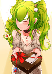 Rule 34 | absurdres, bare shoulders, breasts, candy, chocolate, chocolate heart, choker, cleavage, closed eyes, clothing cutout, cowboy shot, embarrassed, food, green hair, hair between eyes, heart, highres, jewelry, messy hair, necklace, shoulder cutout, simple background, solo, sweater, tagme, tsundere, twintails, two side up, wrapped candy