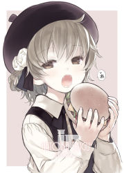 Rule 34 | 1girl, ahoge, artist name, beret, black hat, black ribbon, blush, brown eyes, burger, capriccio, character name, cheese, collared shirt, fangs, fingernails, flower, food, grey shirt, hair flower, hair ornament, hair ribbon, half-closed eyes, hat, hatoba tsugu, holding, holding food, light brown hair, long sleeves, looking at viewer, mole, mole under eye, neck ribbon, open mouth, pink background, ribbon, rose, saliva, sauce, shirt, simple background, solo, speech bubble, teeth, translated, two-handed, upper body, virtual youtuber, white flower, white rose, wing collar